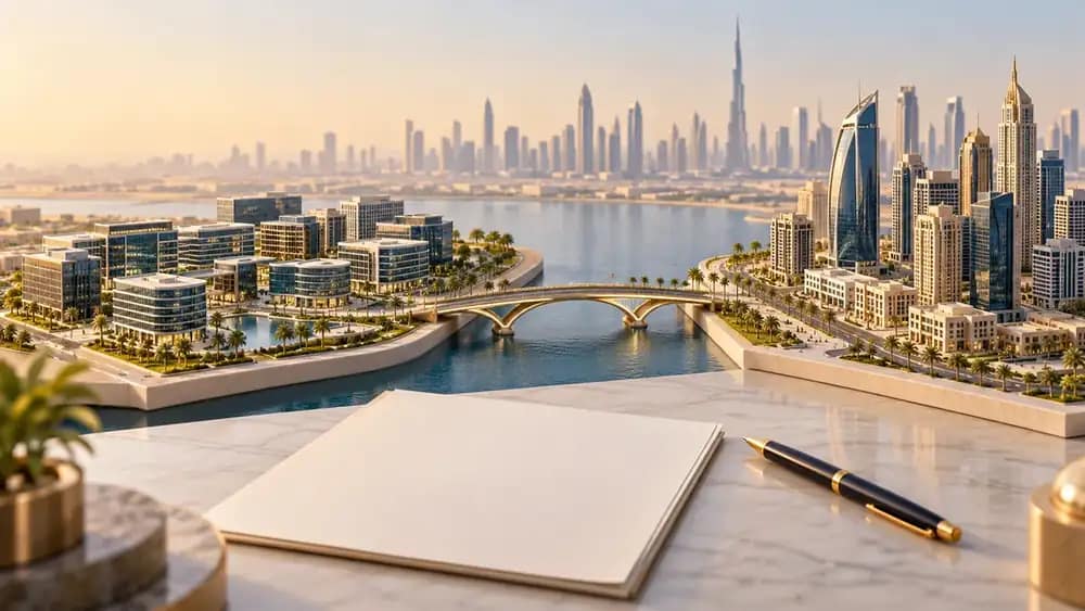Architectural model of two Dubai business districts connected by a bridge on a planning desk.