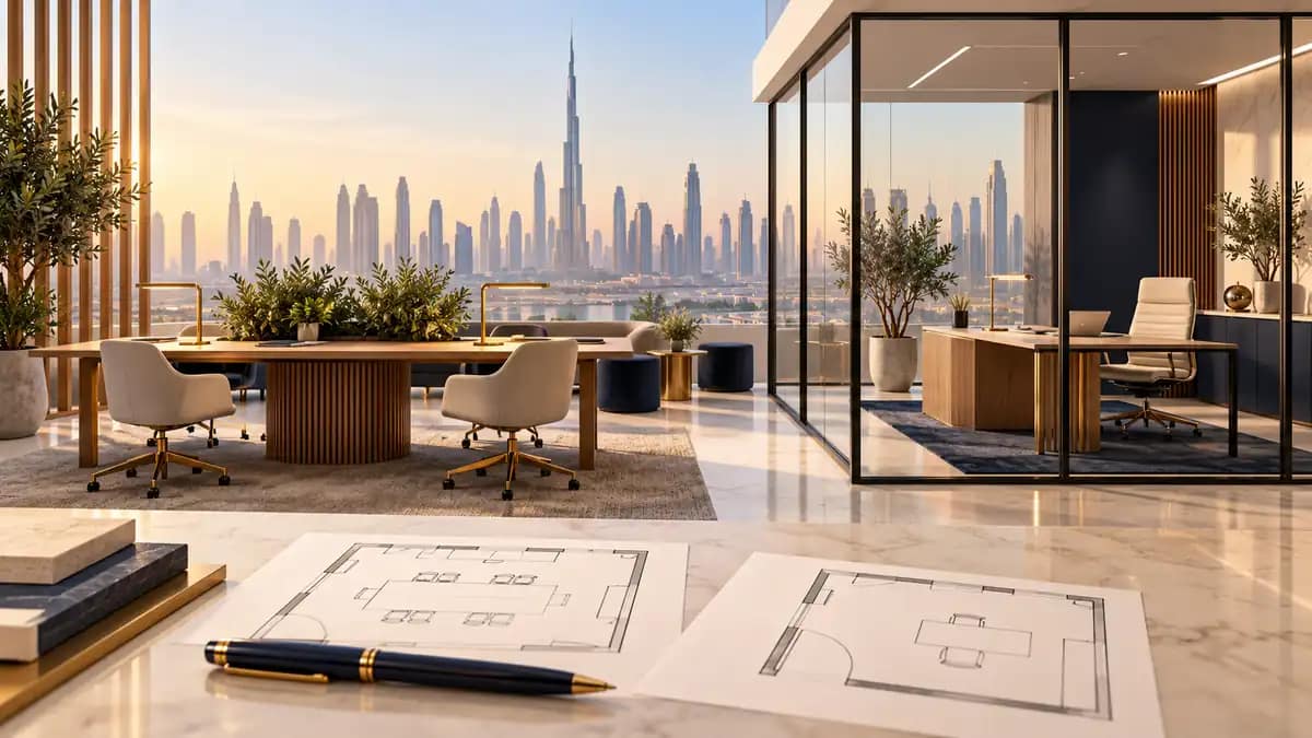 Shared workspace and glass-fronted private office, with floor plans and the Dubai skyline behind.
