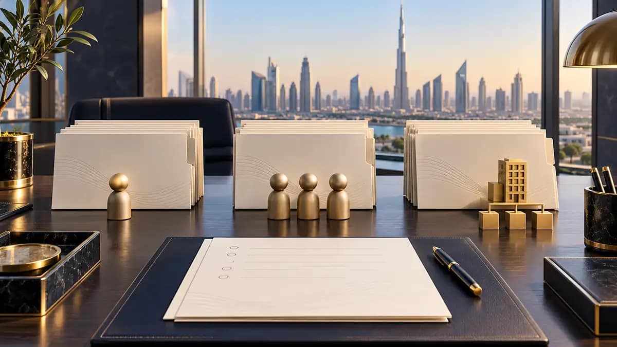Three document-folder groups with individual-founder, partner and corporate-ownership symbols on a Dubai office desk.