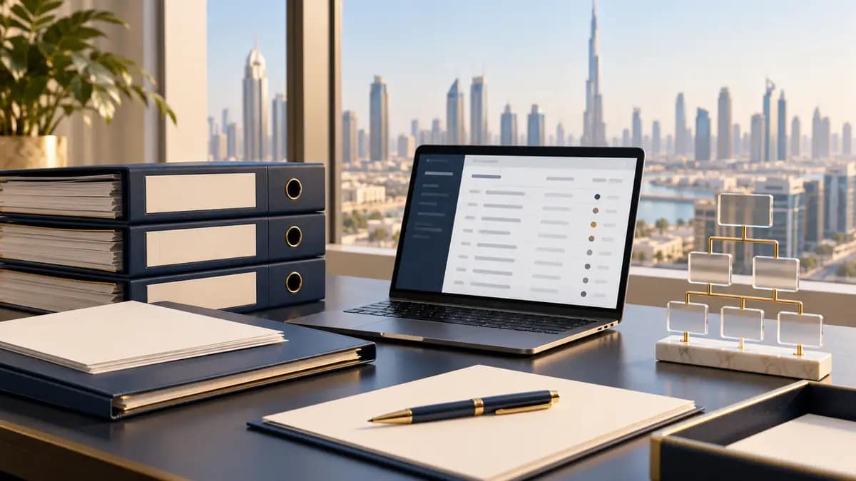 Organised company folders, an ownership diagram and a laptop on a Dubai office desk.