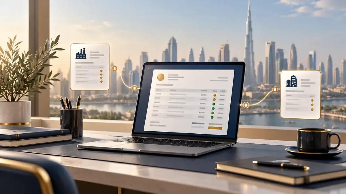 Laptop showing structured invoice data connected to supplier and buyer panels, with the Dubai skyline behind.