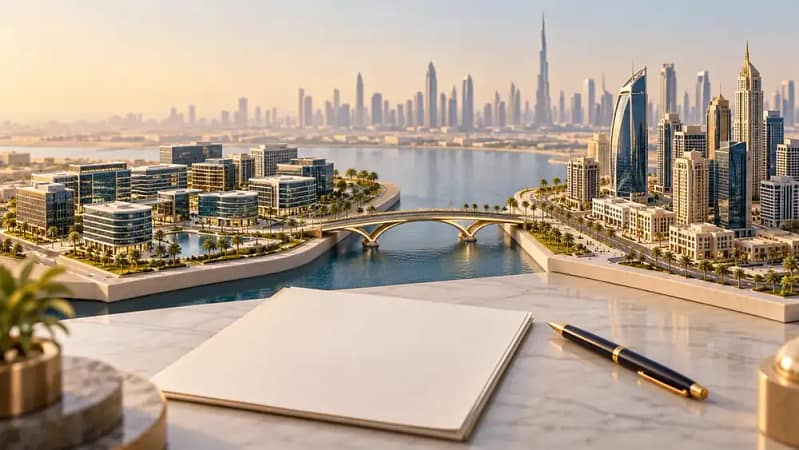 Architectural model of two Dubai business districts connected by a bridge on a planning desk.