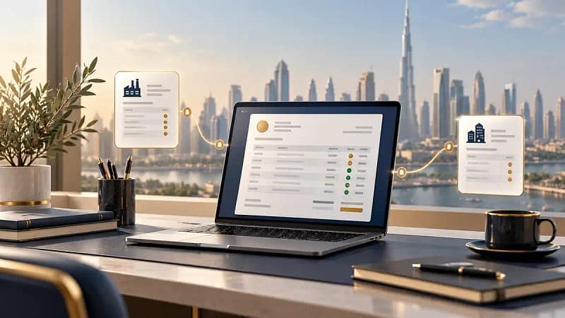 Laptop showing structured invoice data connected to supplier and buyer panels, with the Dubai skyline behind.